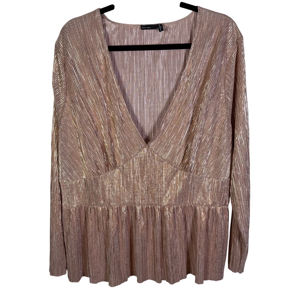 ASOS DESIGN Curve Rose Gold Metallic Plisse V-Neck Peplum Top US 20 Plus Size
